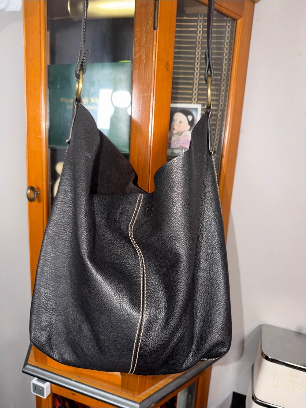 Pritzi Black Leather Shoulder Hobo with Contrast Stitching